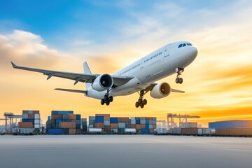 Fototapeta premium Overhead View of Cargo Ship with Airplane Above