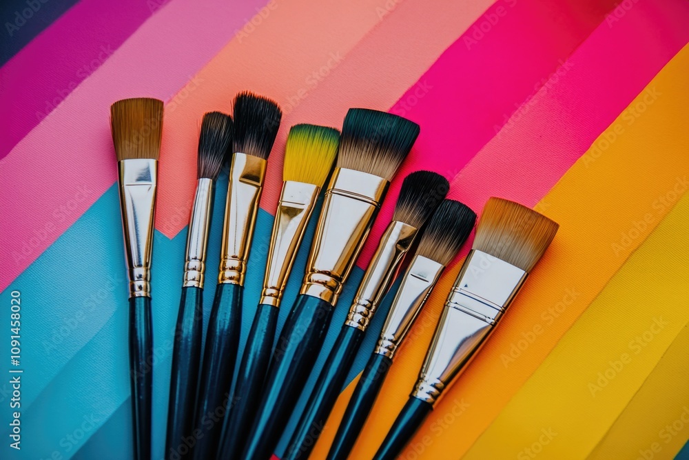 Poster a group of paintbrushes arranged on a vibrant surface, great for art or design concepts