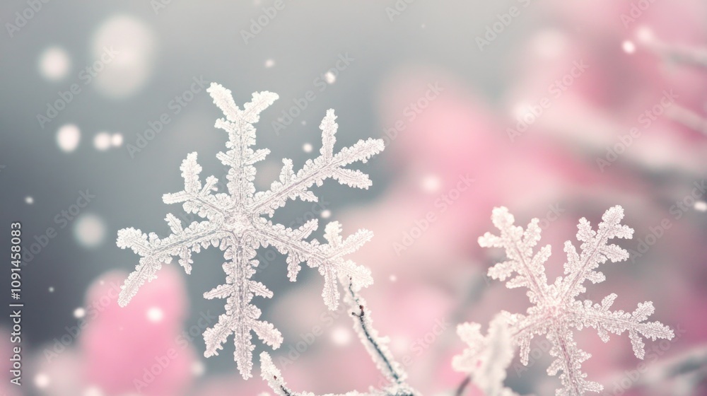 Poster close-up of intricate snowflake patterns on a tree branch, great for winter and nature-themed design