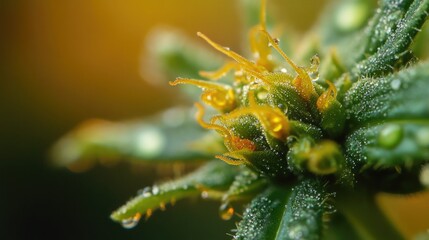 Close-up shot of a plant with water droplets glistening on its leaves and stems, ideal for use in nature-inspired designs or science-related projects