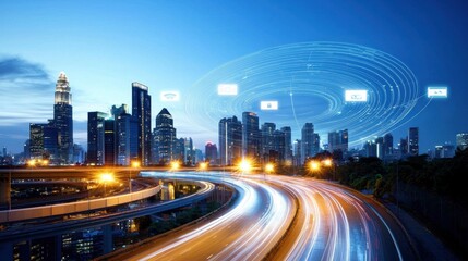 Fototapeta premium Vibrant City Skyline at Night with Glowing Lights