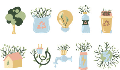 Eco friendly recycling and sustainable living icons promoting environmental awareness