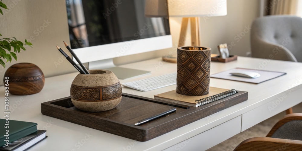 Poster wooden desk organizer holding pencils and pen with notebook and computer keyboard on white desk with
