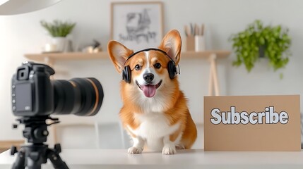Charming Corgi Dog Wearing Headphones in a Creative Home Office Setting with a Camera and 'Subscribe' Sign for Engaging Online Content Creation