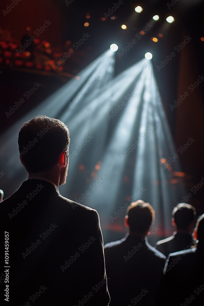 Poster a person wearing a suit standing in front of a stage, possibly for a performance or presentation