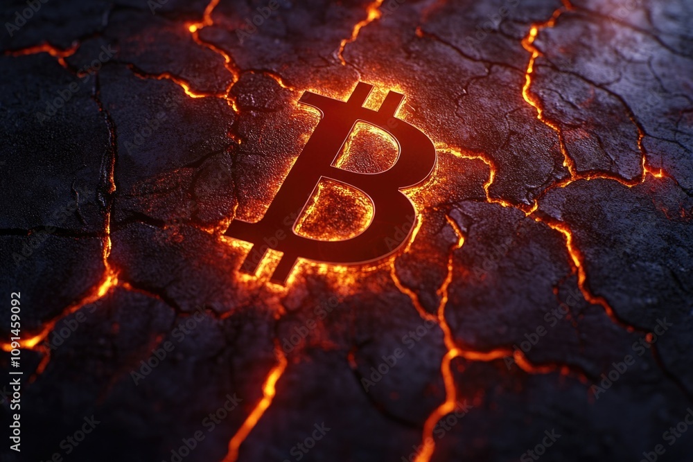 Aufkleber a lit bitcoin on a cracked surface, suitable for use in financial or technology-related contexts