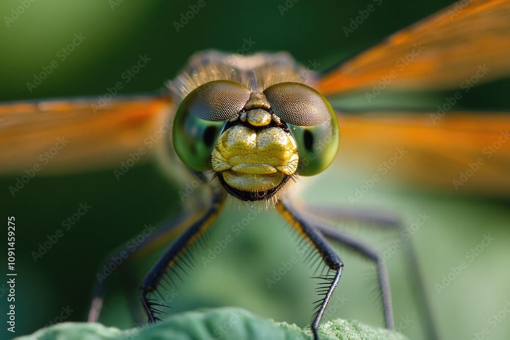Poster close-up of a dragonfly's head on a leaf, perfect for use in nature-inspired designs or as a symbol 