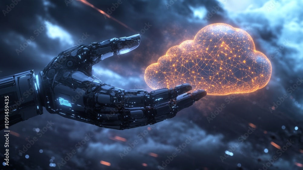 Poster A futuristic robotic hand extends toward a luminous cloud filled with interconnected nodes, set against a backdrop of dark, dynamic clouds. The scene evokes a sense of technology and innovation.