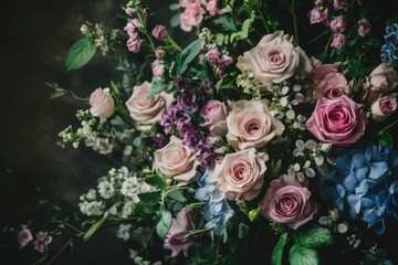 A bouquet of pink, blue and white flowers