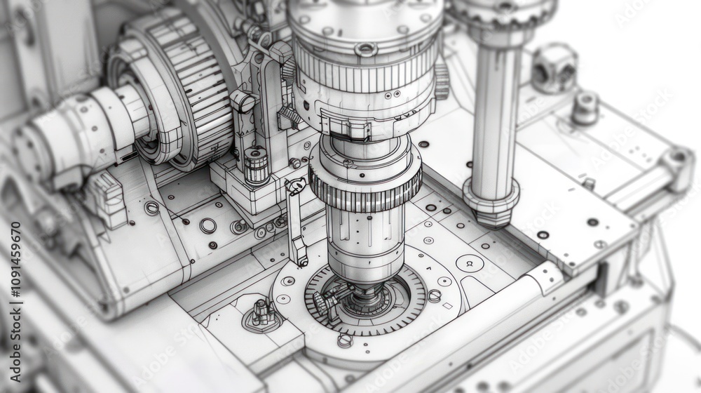 Poster detailed technical blueprint of a complex machine with intricate gears, shafts, and mechanisms.