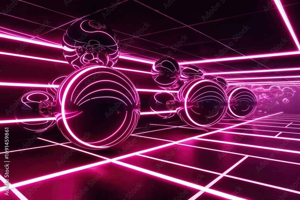 Poster vibrant 3d neon environment featuring pulsating spheres and luminous lines