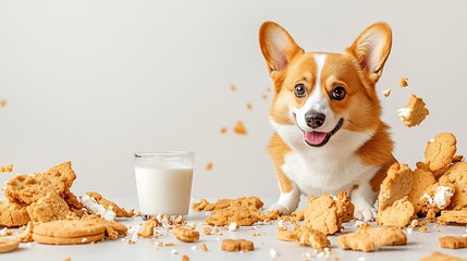 Playful Corgi Surrounded by Crushed Cookies and Milk, Capturing the Joy of Snack Time with Messy Delight and Adorable Expression of a Happy Dog