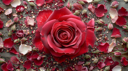 Rose Frame with Petals and Buds in Flat Lay Composition