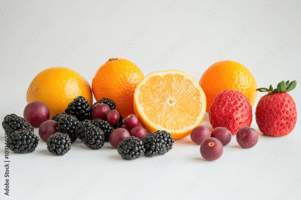 Poster a selection of colorful fruits arranged on a clean white table