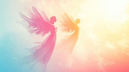 Obraz premium Delicate pastel silhouettes of angels floating gracefully against a soft, light pastel background, creating a peaceful and serene heavenly atmosphere.