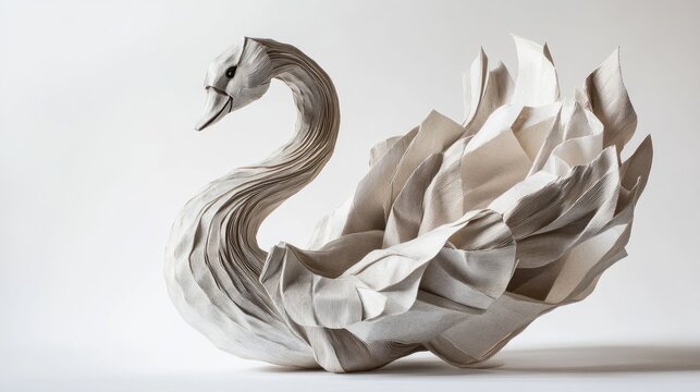 An elegantly crafted origami swan showcasing intricate folds and a serene pose, beautifully contrasted against a pristine white backdrop, exuding grace and artistry.