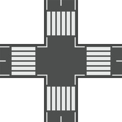 Busy city crossroads with four intersecting crosswalks, symbolizing pedestrian safety and urban planning. Crisscrossing lines guide pedestrians through bustling streets, ensuring smooth traffic flow