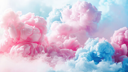 Fototapeta premium Fluffy pastel cotton candy in soft pink, blue, and lavender hues, swirling together in a dreamy, whimsical cloud, evoking a fun and nostalgic fairground atmosphere.