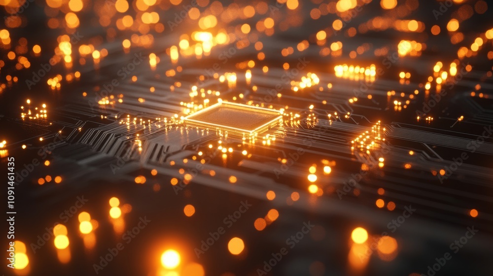Poster A close-up view of a circuit board illuminated by bright orange lights, showcasing intricate designs and glowing components. This vibrant arrangement creates a mesmerizing and high-tech atmosphere.