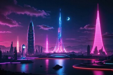 Fototapeta premium Vibrant Neon Nights in Futuristic Cityscape Views