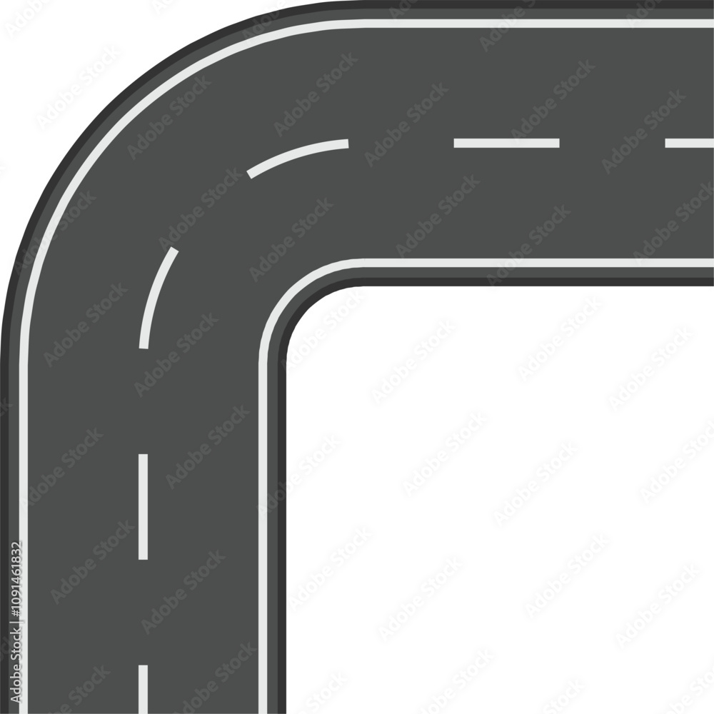 Poster winding road with white dashed lines making a ninety degree turn isolated on a white background, cre
