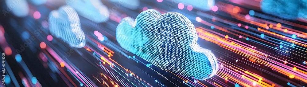 Poster a futuristic representation of cloud technology with glowing data streams, symbolizing fast connecti