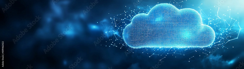 Poster a digital cloud icon with glowing blue elements, symbolizing cloud computing and data storage, set a