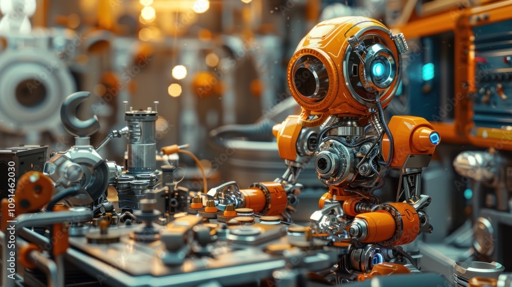 Poster orange robot working in a futuristic workshop, surrounded by complex machinery and tools.