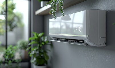 Wall-mounted mini split system AC offers efficient cooling and fresh air circulation in a sophisticated indoor environment. Surrounding plants enhance the serene atmosphere, promoting comfort