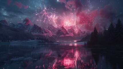 Fototapeta premium A breathtaking view of fireworks exploding over a snowy mountain range, reflected in a still lake.