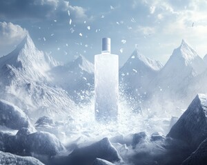 Tall bottle surrounded by snowy mountain peaks. © Oksana
