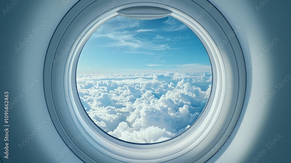Poster a circular airplane window reveals a bright sky filled with fluffy clouds, creating a serene view ab