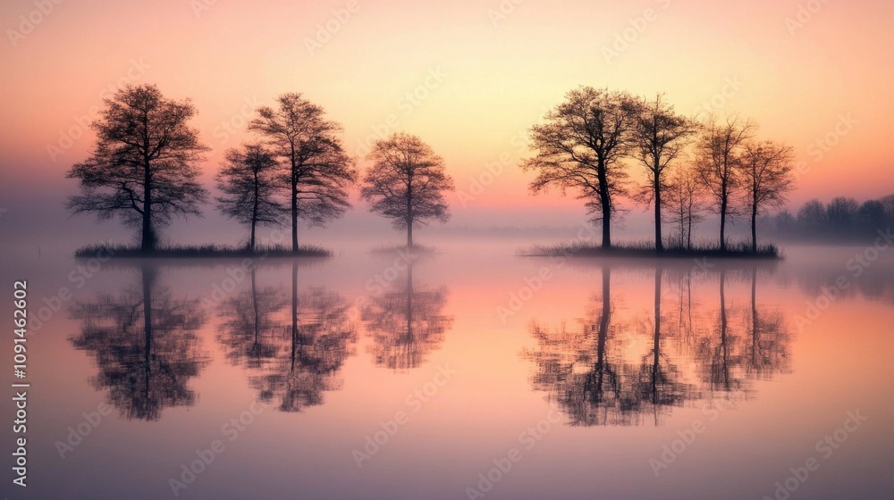 Poster serene landscape at dawn with trees reflected in calm water, creating a tranquil atmosphere.