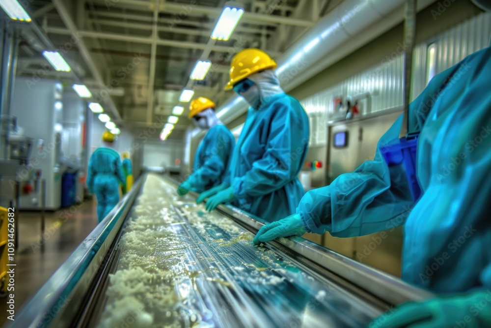 Poster workers assemble and package goods on a busy conveyor belt in a modern factory