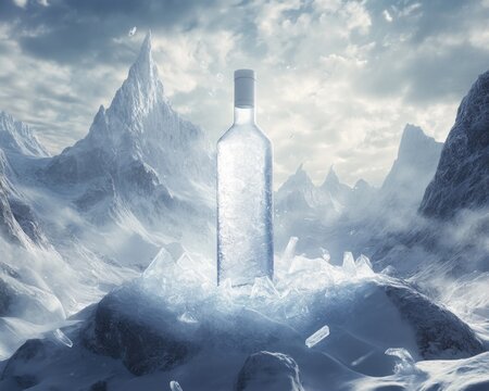 Etherial bottle among vast, chilled mountain range