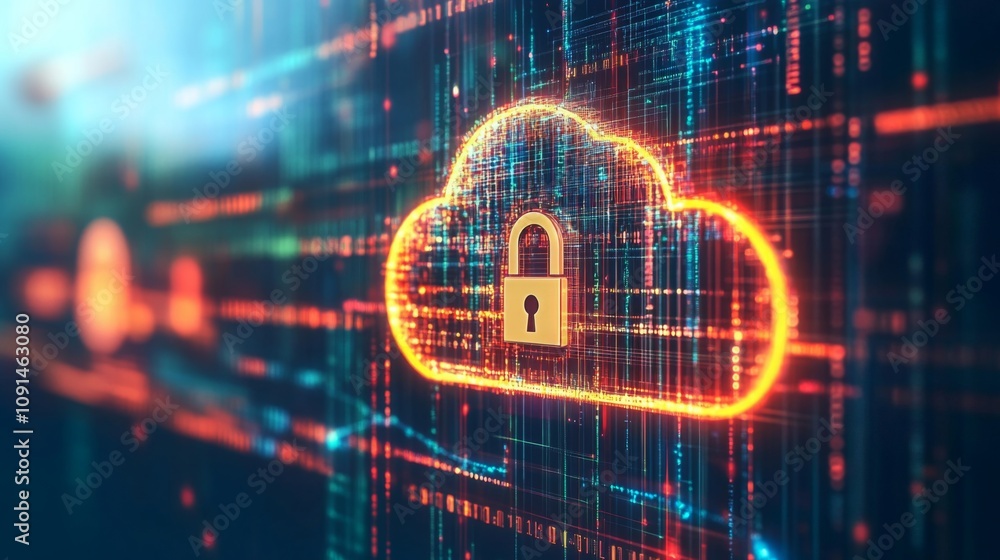 Poster a digital illustration of a cloud with a padlock in the center. the cloud is glowing bright orange a