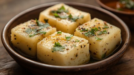 Khaman Dhokla cubes garnished with herbs in a bowl.