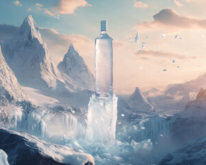 Ice-crystal bottle in majestic mountain landscape