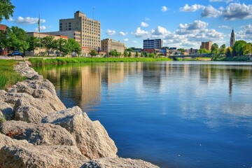 A serene lake surrounded by large rocks, perfect for a peaceful atmosphere or outdoor adventure scene