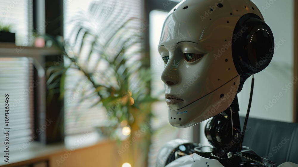 Poster a robot sitting in front of a window wearing headphones, suitable for tech or futuristic scenes