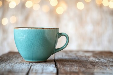 Obraz premium A blue cup sitting on a wooden table