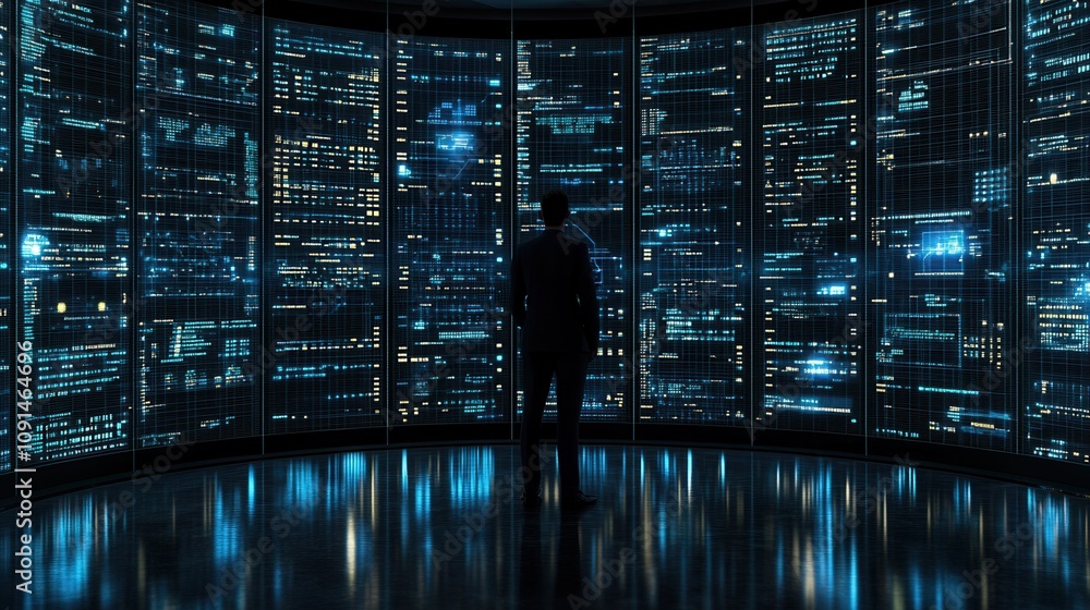 Poster a person stands in a high-tech data center, surrounded by glowing screens filled with information an
