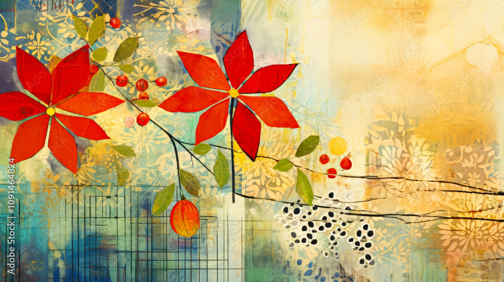 Poster vibrant hellebores red flowers and colorful shapes create an eye-catching abstract design with a tex
