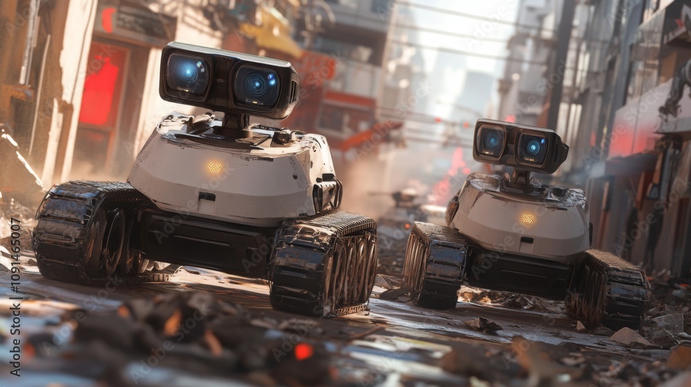 Aufkleber Two advanced robots move cautiously through a debris-littered city street. Their bright sensors scan the surroundings while avoiding obstacles in a futuristic, possibly post-apocalyptic setting.