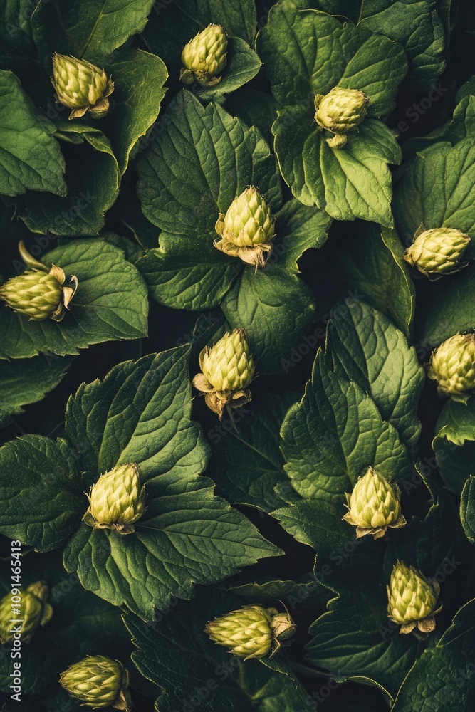 Poster a close-up view of a cluster of green leaves
