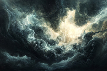 Obraz premium A dramatic sky filled with swirling storm clouds, intense and powerful, with bursts of light piercing through the ominous cloud formations in a moody landscape