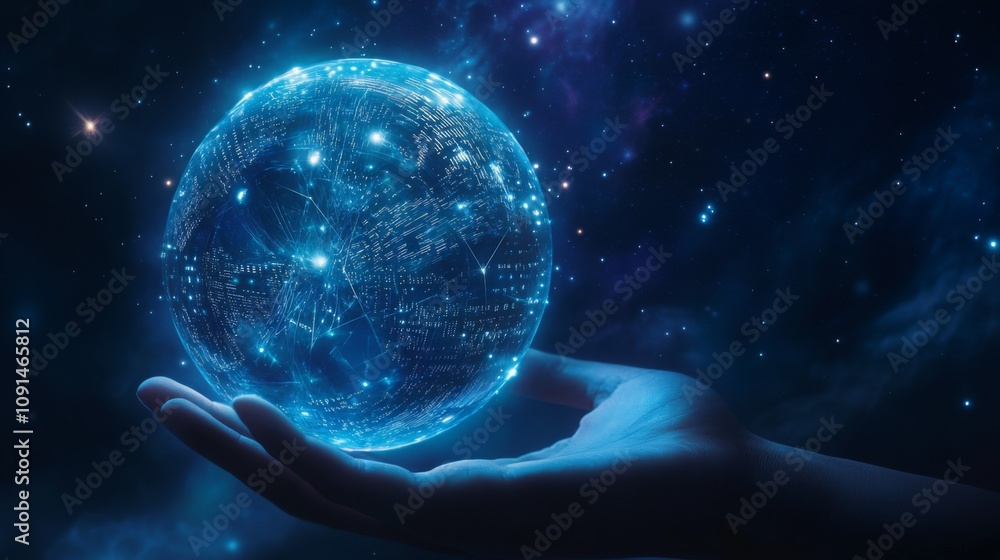 Poster A hand holds a luminous globe filled with interconnected lines and dots, representing data and technology. The background features a vast starry night sky, enhancing the futuristic theme.