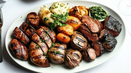 Obraz premium Platter of assorted grilled meats and vegetables garnished with herbs on a white plate