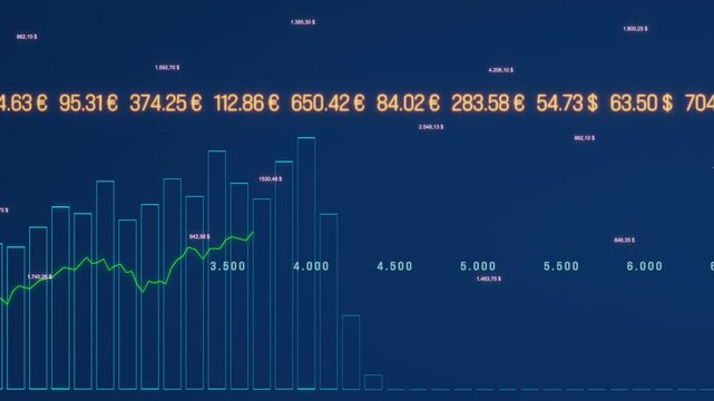 Abstract stock exchange concept with bar graph, market data and stock chart. Financial marekts, bull market, progress, ticker board. 3D animation