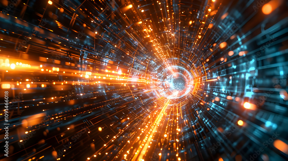 Poster abstract 3d digital tunnel: glowing lines and particles travel through cyberspace at high speed, cre